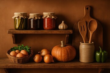Vertical kitchen display shelf with artisanal products creating rustic culinary workspace for farm-to-table and organic food marketing content