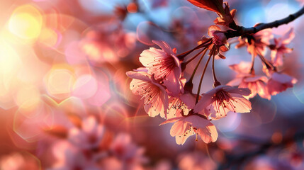 Delicate cherry blossoms bloom in soft pink hues, illuminated by warm sunlight, creating dreamy atmosphere filled with vibrant bokeh effects