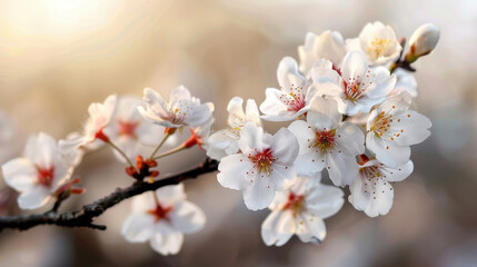 Delicate cherry blossoms bloom on branch, showcasing their soft white petals and subtle pink centers. gentle light creates serene atmosphere, evoking feelings of tranquility and beauty