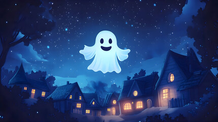 Friendly ghost in nighttime village illustration