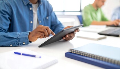 Student or Professional Using Digital Tablet in a Modern Classroom or Office Setting