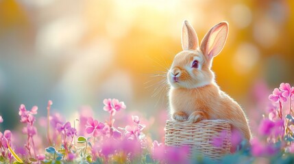Adorable Bunny Sitting in a Basket Surrounded by Colorful Flowers