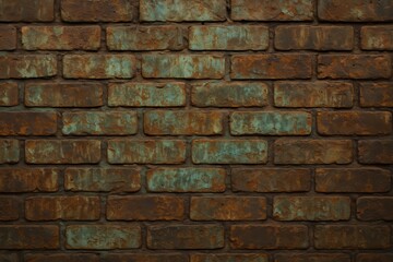 Obraz premium Weathered industrial brick wall with copper patina accents creating authentic urban texture backdrop for architectural and design presentations