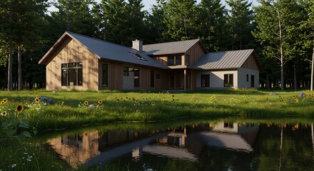 Fototapeta premium Exterior view of a modern wooden house with a pond and sunflowers in a forest setting on a sunny day