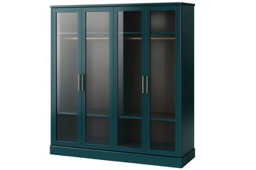 Contemporary teal wardrobe showcasing glass doors and internal shelves, ideal for clothing storage, set against a transparent background