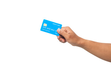 A hand holding a blue credit card against a white background, representing financial transactions