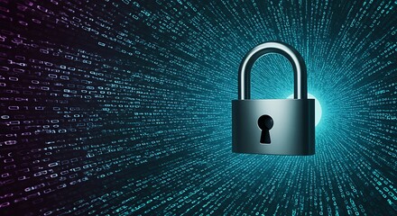 Metal padlock against a digital background with binary code and a bright light source behind it