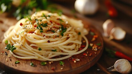 Serving of Spaghetti with Garlic and Herbs on Wooden Board