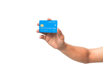 Close-up of a hand holding a blue credit card with NFC symbol on a white background