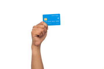 Hand holding a blue credit card with contactless payment symbol on white background
