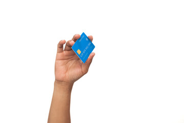 Hand holding a blue credit card against a white background, ready for online shopping