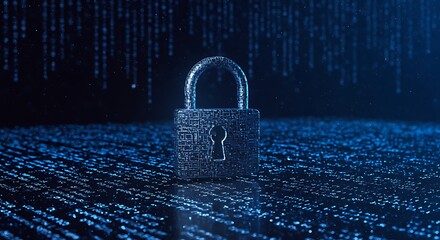A digital padlock with circuit patterns on a blue matrix background with falling code streams behind it