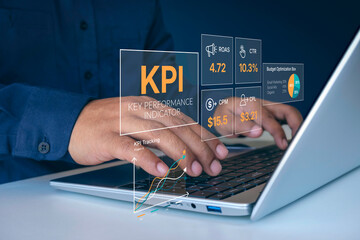 Business KPI dashboard with performance metrics including ROAS, CTR percentage, CPM cost and CPL cost per lead, designed as a modern glassmorphism overlay, marketing campaign tracking and optimization