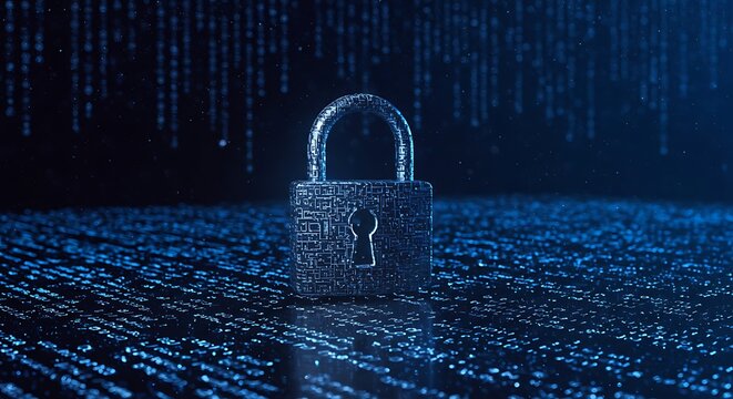A digital padlock with circuit patterns on a blue matrix background with falling code streams behind it - Powered by Adobe