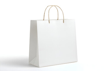 A blank white paper shopping bag with natural rope handles sits on a white background