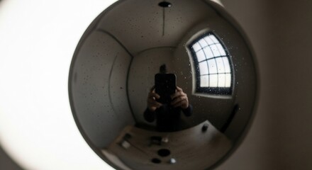 Reflection of a person holding a smartphone in a spherical mirror with a window