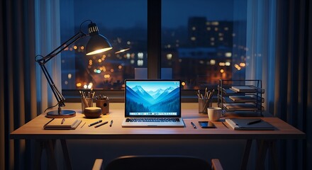 A well-lit laptop sits on a wooden desk in a room with a nighttime city view, illuminated by a lamp.