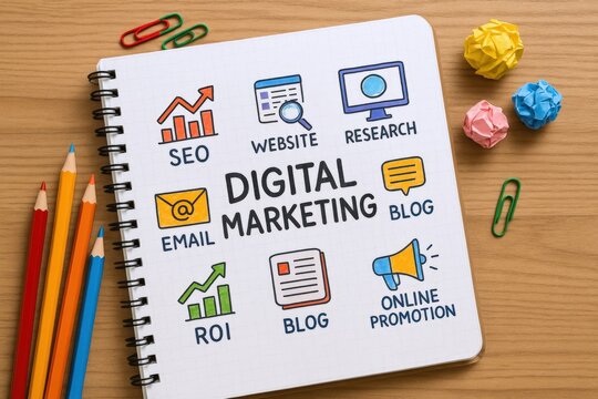 Digital Marketing Strategy Concept on Notepad with Colorful Pencils and Paper Clips on Wooden Table