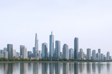 Fototapeta premium Modern Cityscape Skyline Reflecting in Water, Urban Architecture and Development, Featuring High-Rise Buildings Against Clear Sky
