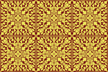 Traditional Thai art seamless damask pattern bold gold colored motif suitable for wallpaper, cloth, curtain, textile, tile and fabric design isolated over red background.