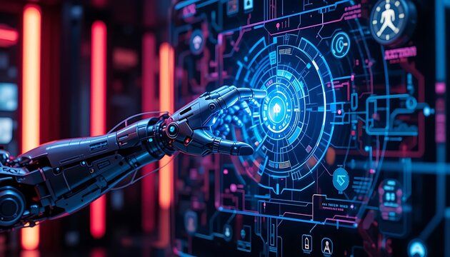 A robotic arm interacting with a futuristic interface illuminated with neon lights and digital diagrams