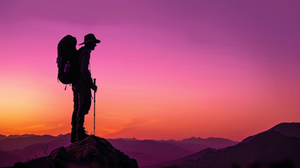 Fototapeta premium Silhouette of hiker standing on rock against vibrant sunset sky, showcasing shades of purple and orange. scene evokes sense of adventure and tranquility in nature