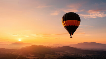 Naklejka premium Hot air balloon floats gracefully sky during sunset, surrounded by rolling hills and mountains. vibrant colors of balloon contrast beautifully with warm hues of evening sky, creating serene