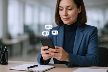 Businesswoman using Smartphone at Desk with Social Media Icons Overlay, Checking Notifications and Engaging Online