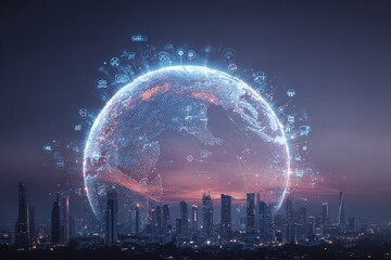 Global Digital Network Over Modern Cityscape at Night, Representing Global Connectivity and Technology