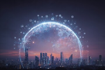 Global Network Technology Over Cityscape: Futuristic Communication and Data Visualization Concept with Skyscrapers