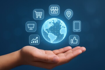 Obraz premium Global Digitalization Concept: Hand Holding Globe with Online Shopping, Social Media, and E-commerce Icons