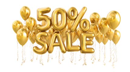 3D balloons carrying large 50% sale on white background