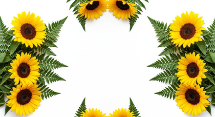 Symmetrical floral frame with bright yellow sunflowers and green fern leaves on a clean white background.