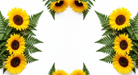 Symmetrical floral frame with bright yellow sunflowers and green fern leaves on a clean white background.