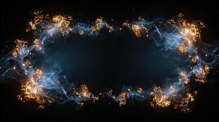 An abstract frame of swirling blue smoke and golden sparkles against a black background, framing an open space