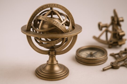 Antique Armillary Sphere with Compass and Sextant Still Life, Evoking Exploration and Discovery