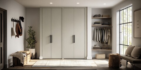Modern Interior Design with Wardrobes, Bench, and Natural Light for Stylish Home Organization