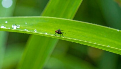 Fly on a wet leaf.