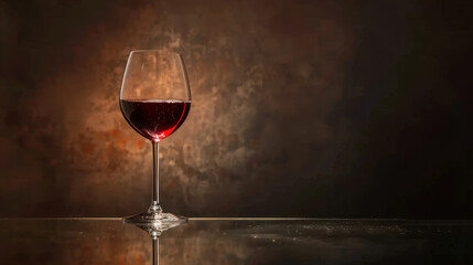 Glass of red wine sits elegantly on reflective surface, showcasing its rich color against textured, warm background. soft lighting enhances glass contours, creating sophisticated atmosphere