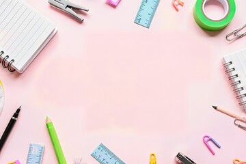 A top view of school supplies including a notepad, scissors, markers, and paint on a white and desk setup