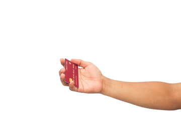 Hand Holding Red Credit Card Isolated on White Background for E-commerce Concepts