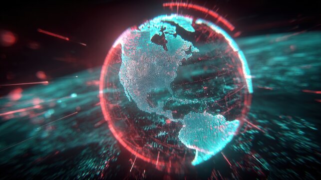 Digital Globe Visualization with Technological Design Elements, showcasing North America, global connectivity, and network communication systems