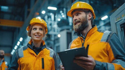 Manufacturing Plant Inspection: Two Engineers in Safety Gear Conducting Site Assessment and Quality Assurance