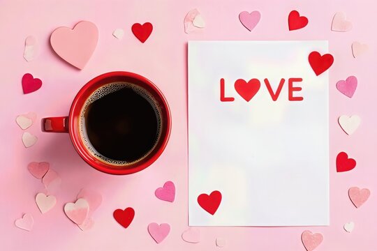 Top view of a red cup of coffee and love themed letter on pink background with heart decorations. Perfect for Valentine's Day celebration and romantic moments - Powered by Adobe