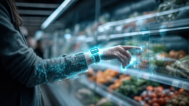 Woman Interacting with Augmented Reality Display in a Grocery Store, Futuristic Shopping Experience