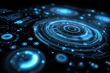 Futuristic Technology Interface with Glowing Blue Circular Elements and Data Visualization Display on Dark Background