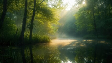 Ethereal Forest River Shrouded in Golden Morning Mist and Sunbeams