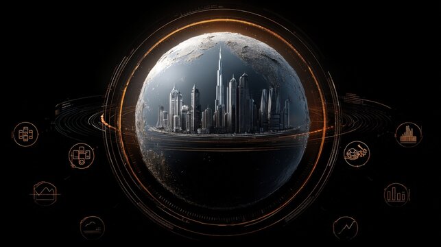 Futuristic Global Cityscape with Technological Orbit, Representing Innovation, Connectivity and Urban Development in a High-Tech World
