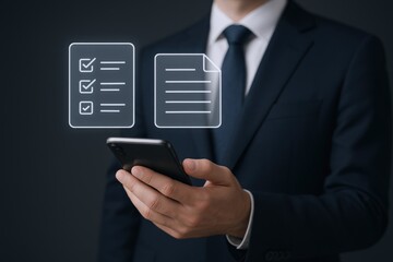 Professional Using Smartphone with Checklist and Document Icons for Business Process Management and Productivity