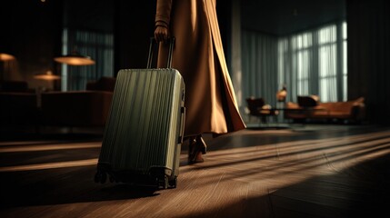 Stylish Traveler Arriving at Luxury Hotel with Suitcase in Tow, Ready for Relaxation